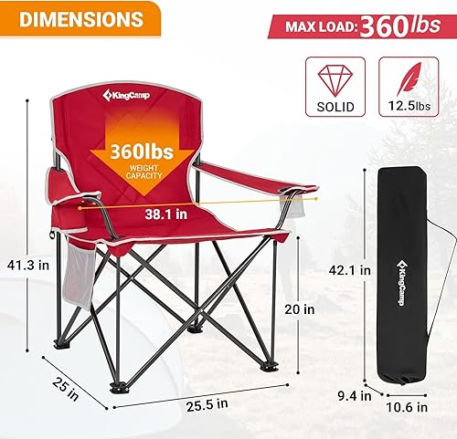 Miniatura 26 de KingCamp silla plegable de gran tamaño para campamento con soporte lumbar, silla ergonómica acolchada con reposabrazos, alta resistencia, con bolsa