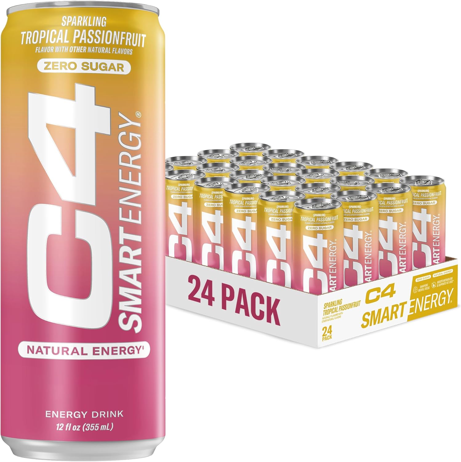 C4 Smart Energy Drink - Sugar Free Performance Fuel & Nootropic Brain Booster, Coffee Substitute or Alternative | Tropical Passionfruit 12 Oz - 24 Pack