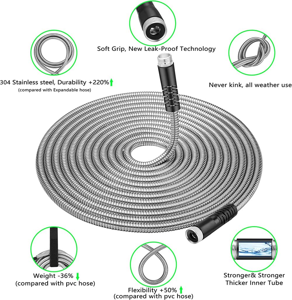 Tubo Da Giardino In Acciaio Inox 304 1,5m – Flessibile, Anti-piega, Con Ugello 10 Modalità, Per Cortile E Prato