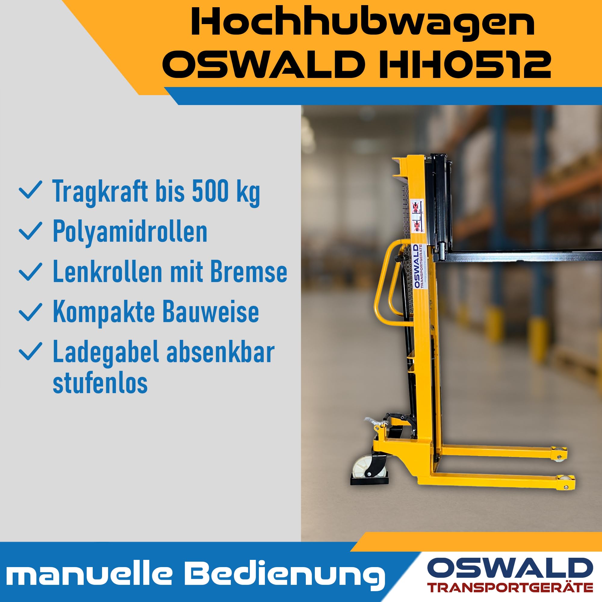 Hochhubwagen HH0512-500 kg Tragkraft - 1.150 mm Hubhöhe - manueller Stapler Handwagen