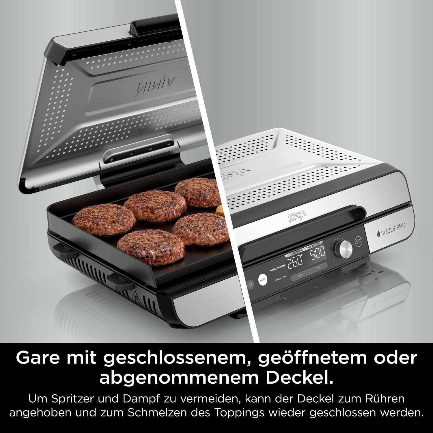 Ninja Sizzle Pro XL Indoor-Grill & Plancha GX101EU, Keramikbeschichtung, abnehmbarer Deckel, Silber/Schwarz