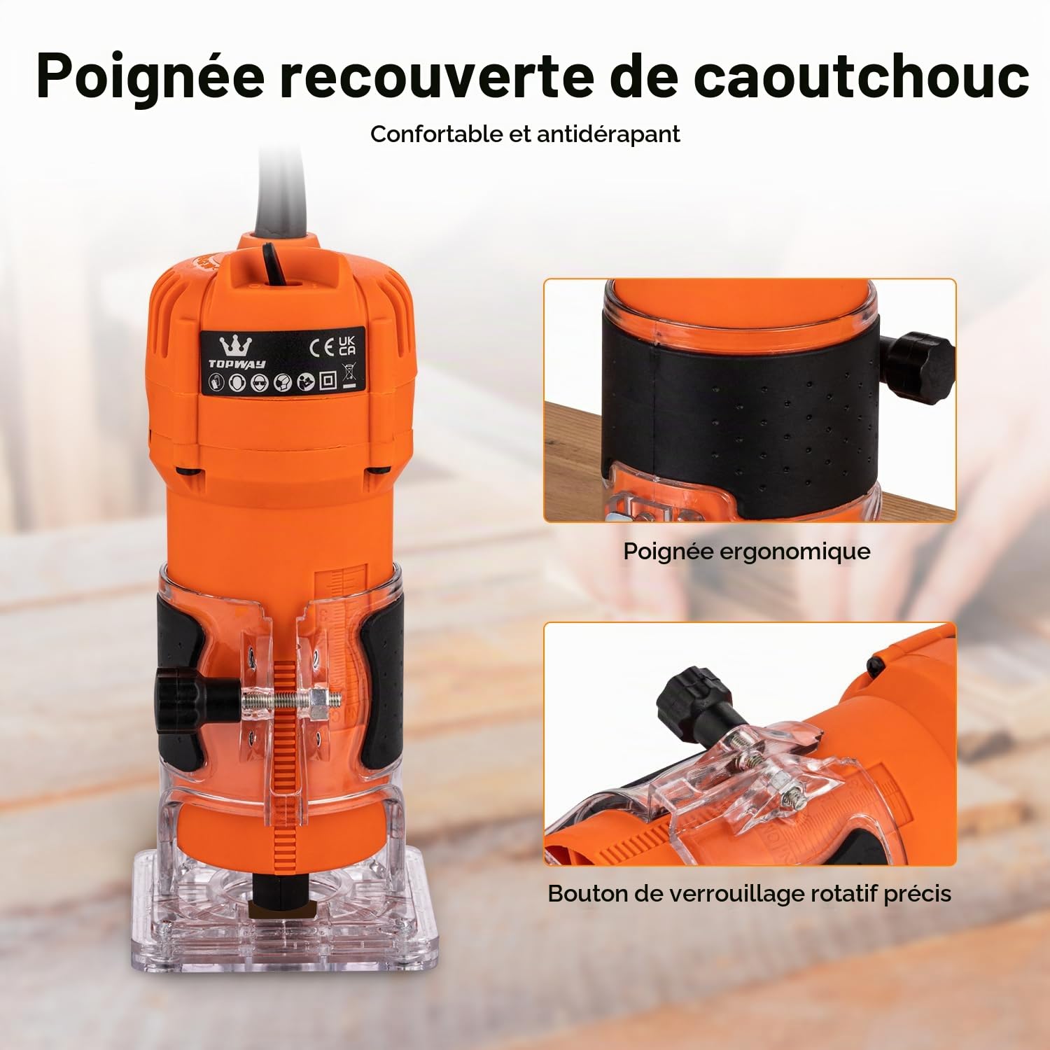 TOPWAY Défonceuse Électrique à Main 500W, Compacte avec 2 Mandrins de 1/4" et 6mm, Base pour Défonçage pour Bricolage en Menuiserie (Budget) 100636
