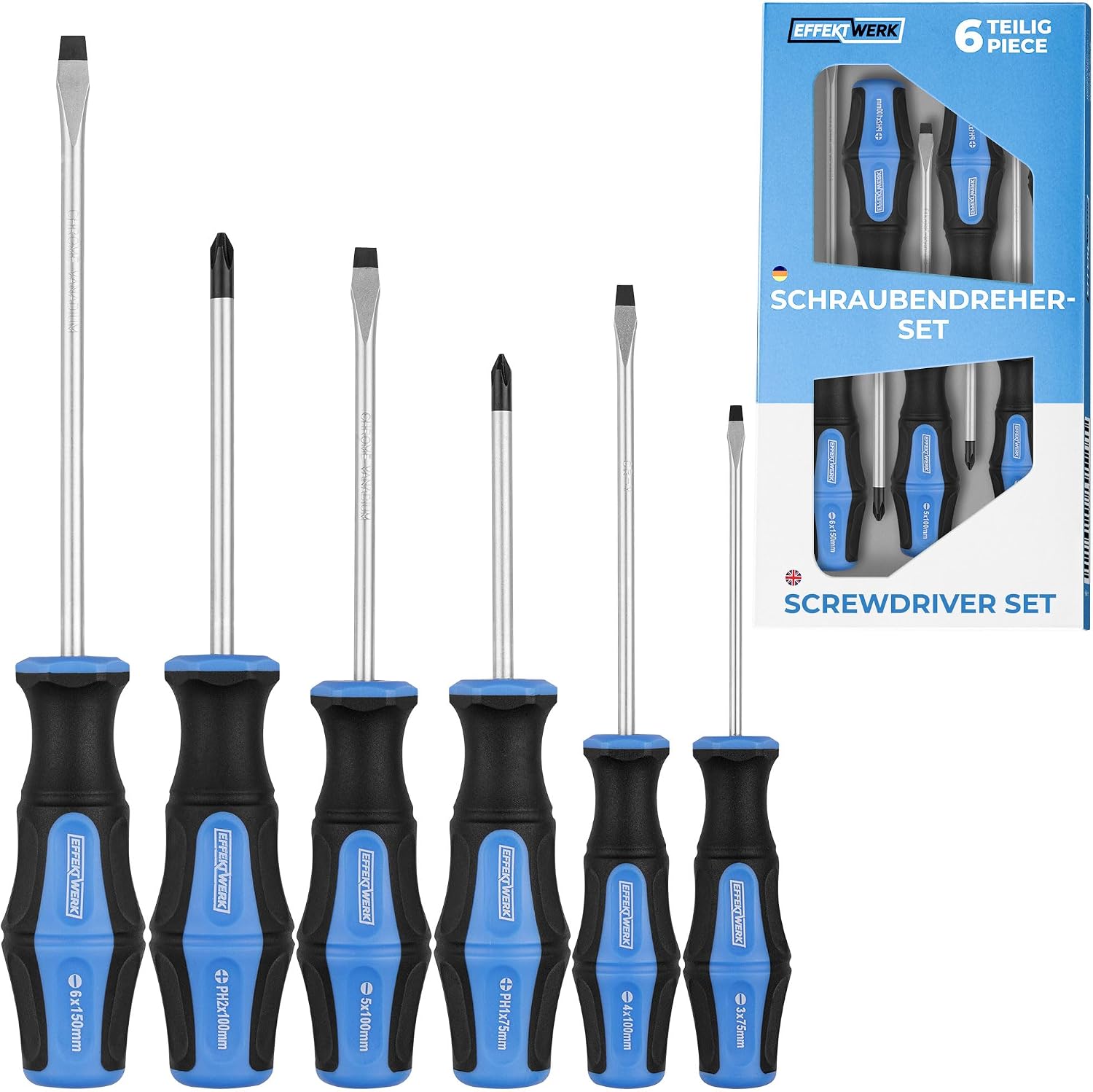 Effekwerk Screwdriver Set for Home Electronics Repair, 4 Flat Head Screwdrivers and 2 Phillips Screwdrivers with Magnetic Bits and Ergonomic Handles