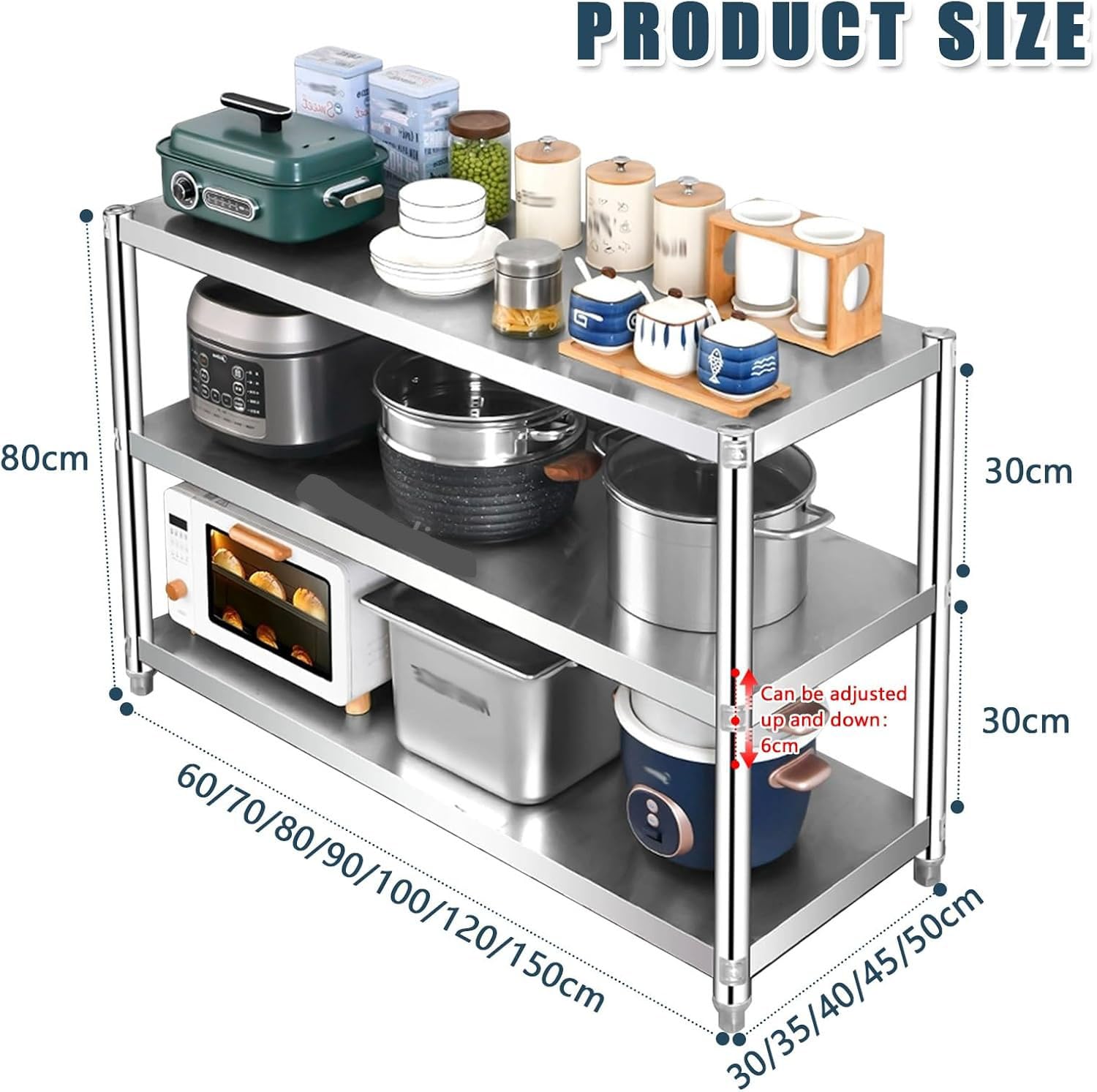 Scaffale da cucina a 3 ripiani in acciaio inox, resistente, per tavolo da lavoro, ristorante e casa, scaffalatura in metallo per una nizzazione efficiente