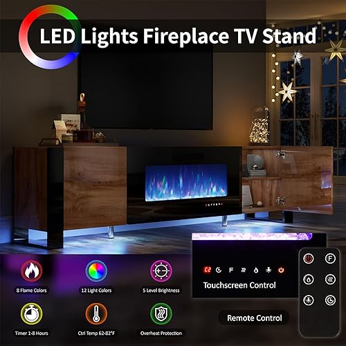 Miniatura 2 de VanAcc 70" Fireplace TV Stand with 36" Electric Fireplace, High Gloss Entertainment Center with LED Lights, Modern Entertainment Stand for TVs up to