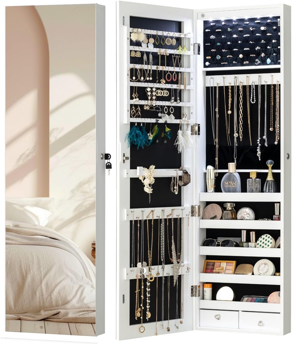 YOKUKINAYOKUKINA Mirror Jewelry Cabinet Armoire, 47.2-Inch Large 6 LEDs Jewelry Organizer Mirror Full Length with Storage, Door-Hanging/Wall-Mounted Mirror Cabinet, White