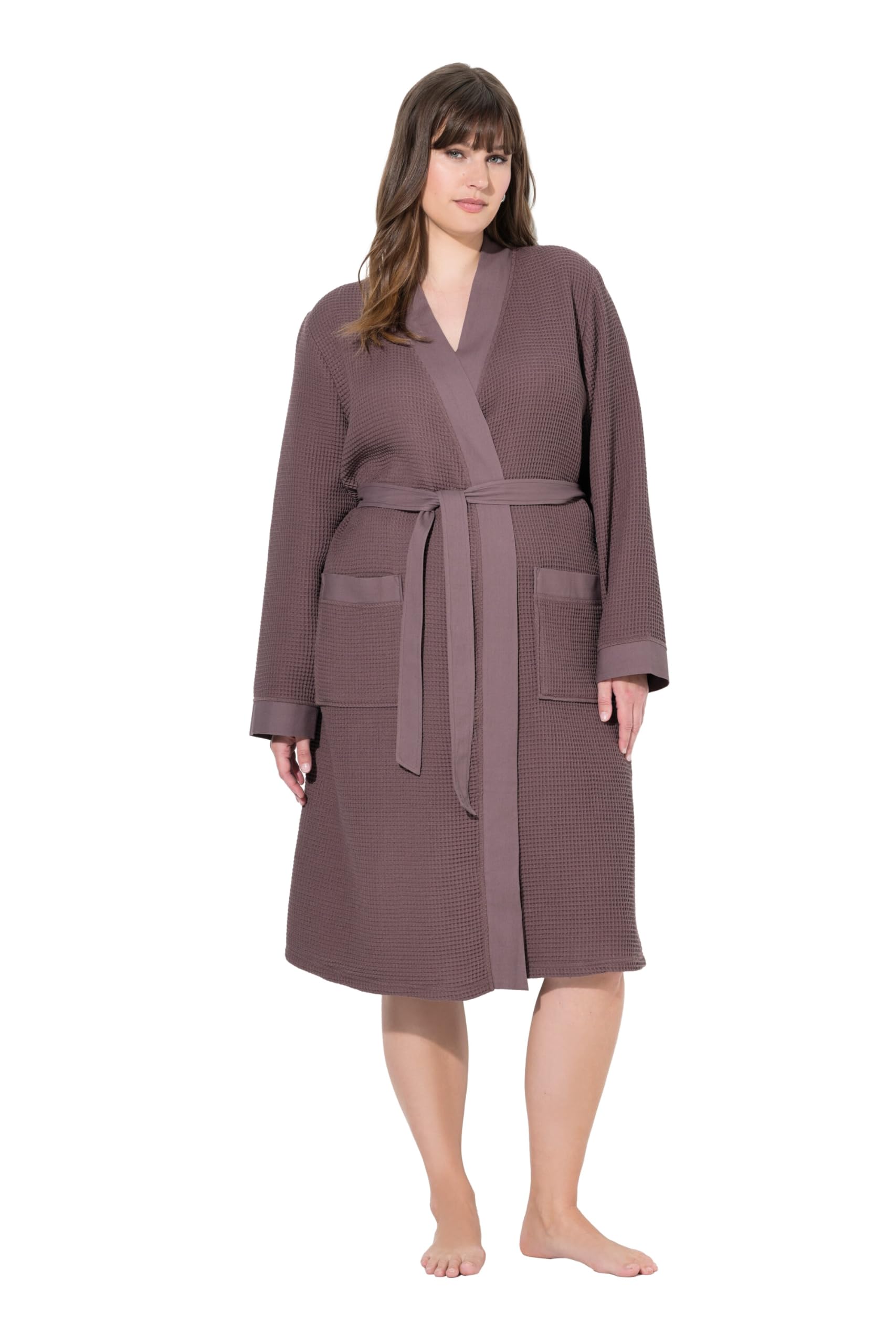 Ulla Popken Damen Bademantel, Schalkragen, Gürtel, Waffelpiqué, Langarm Bademantel