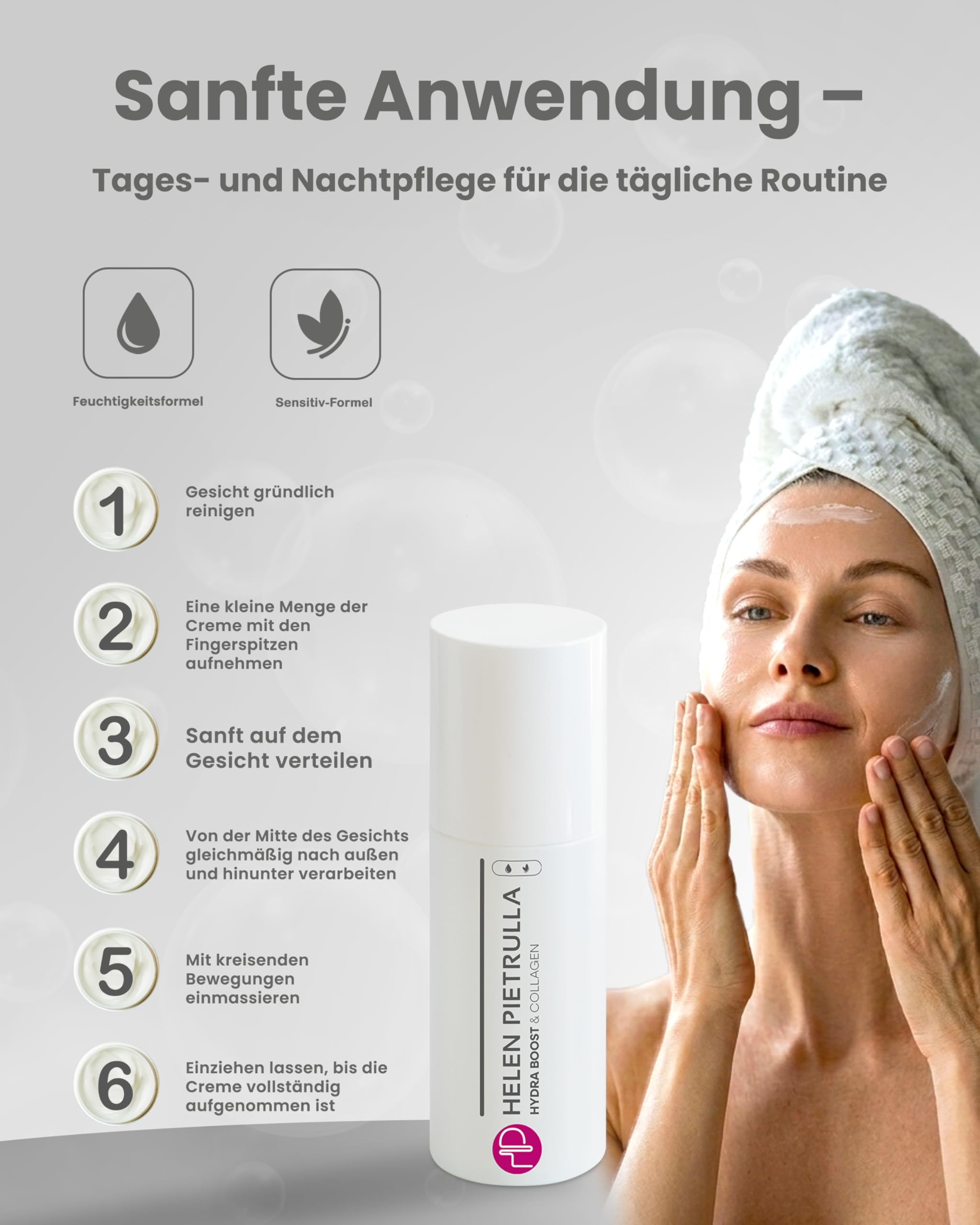 Helen Pietrulla Hydra Boost & Collagen 100 ml Feuchtigkeitscreme | Beruhigend, straffend, feuchtigkeitsspendend und Anti-Aging Pflege mit Kollagen, Kamille & Vitamin E für glatte Hautbarriere.