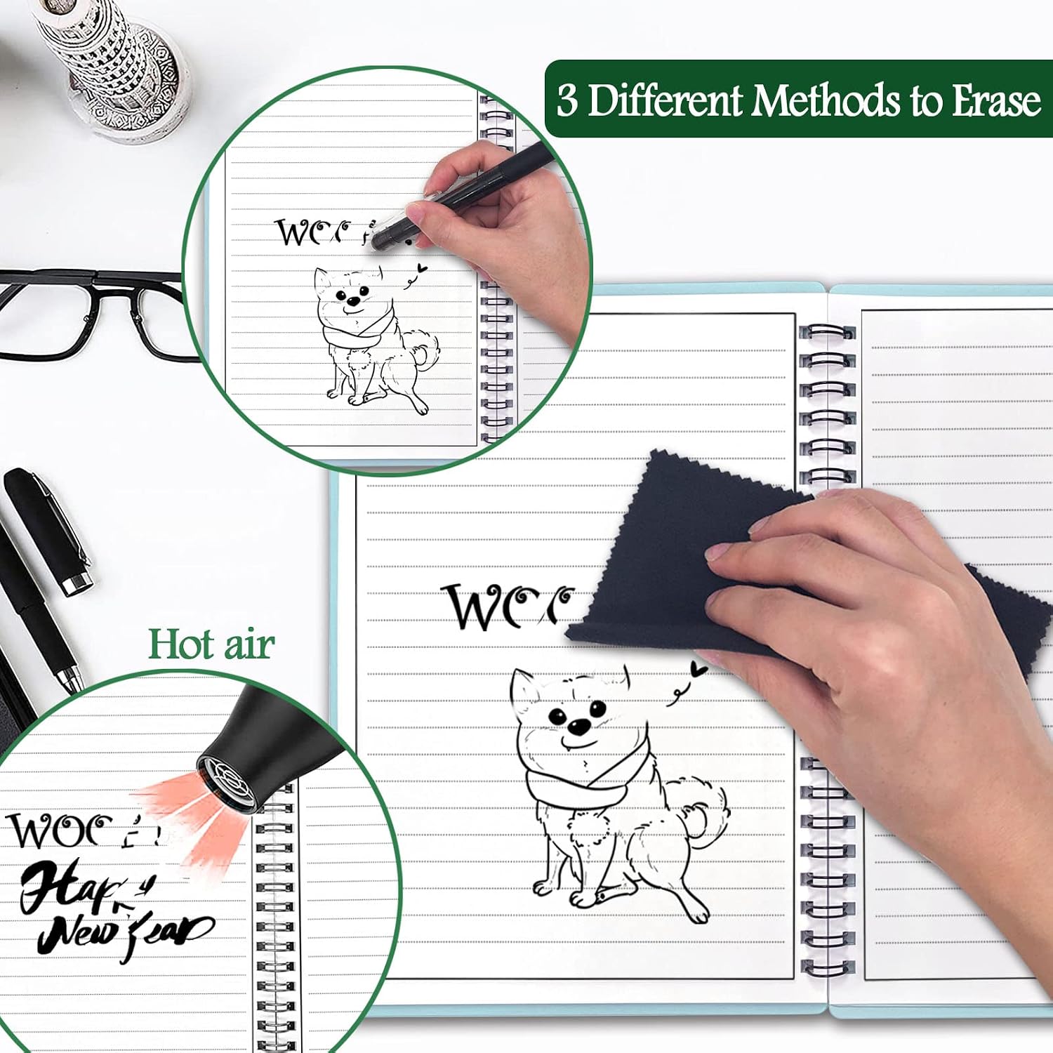 Smart Reusable Notebook,Erasable Eco-Friendly Notebooks Planner Calendar Waterproof Notepad with 1 Erasable Pen & 1 Microfiber Cloth Included, Spiral Journal for Women/Men(5.9''x8.5'')(Blackish Green)