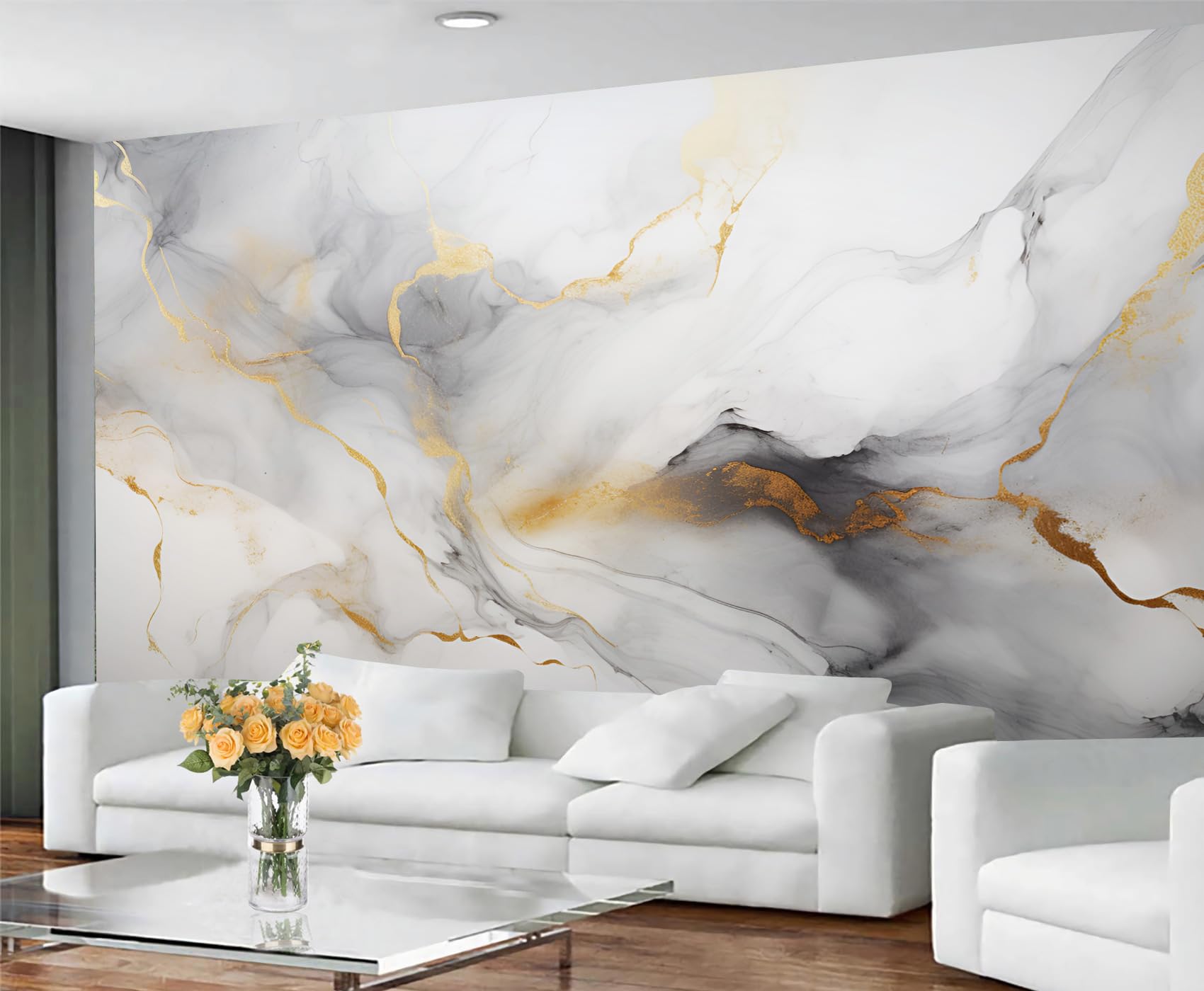 GIVLWF Marble Wallpaper, Gray Gold Marble Self Adhesive Wallpaper for Living Room, Abstract Luxury Wall Murals for Bedroom, Nordic Large Mural & Room Decor, Watercolor Wall Paper