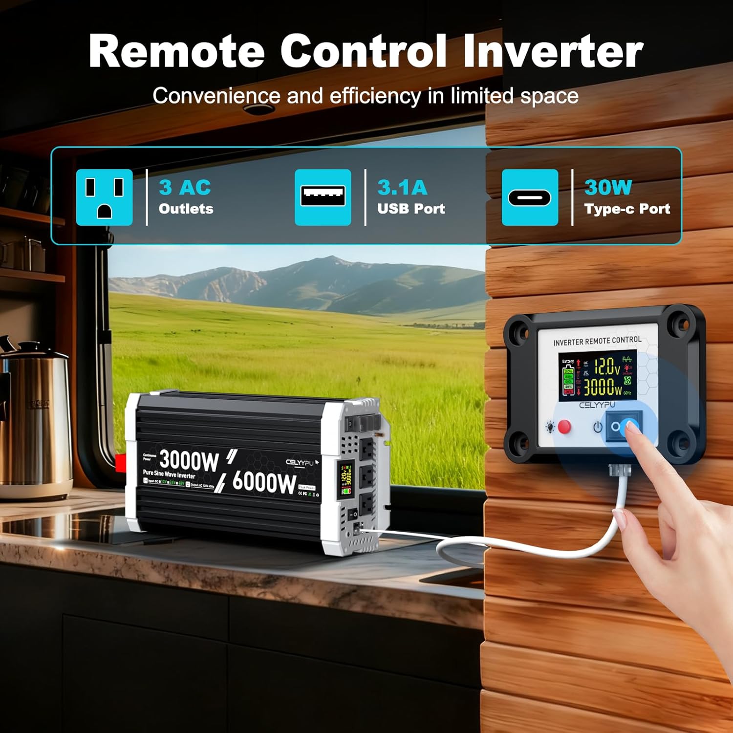 3000 watt Pure sine Wave Inverter, 12V DC to 110V AC Power Inverter, with 3 AC Output sockets, USB Port, Type-C Port, Remote Control with LCD Screen, Used for Solar Emergency Power Supply in RV Homes 3000W-12v