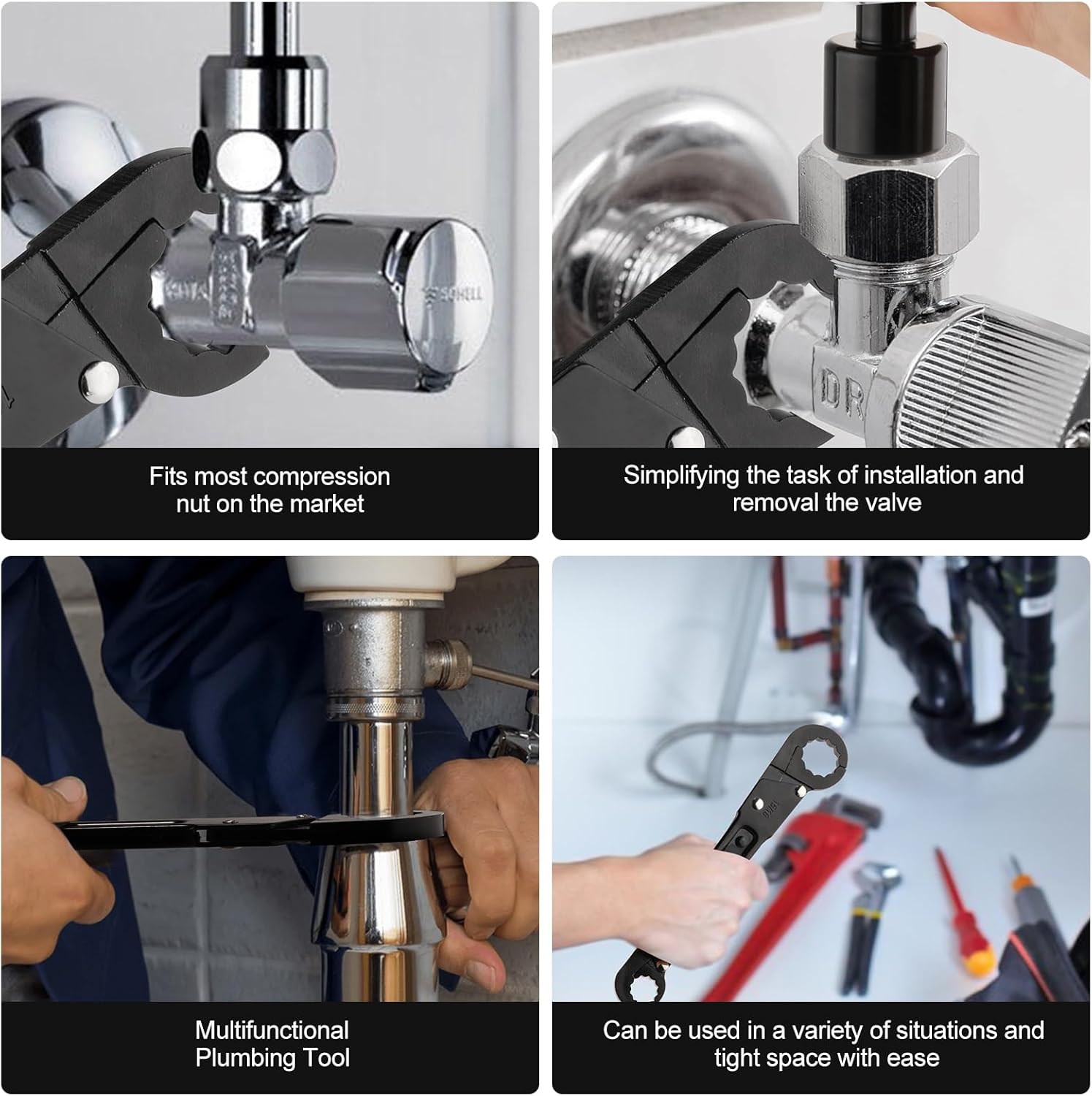 Plumbing Tools Angle Stop Wrench Kit, Adjustable Plumber Wrench Tools for Installing New Compression Angle Stops and Removing Compression Rings, Supply Nut Installation for Bathroom, Kitchen