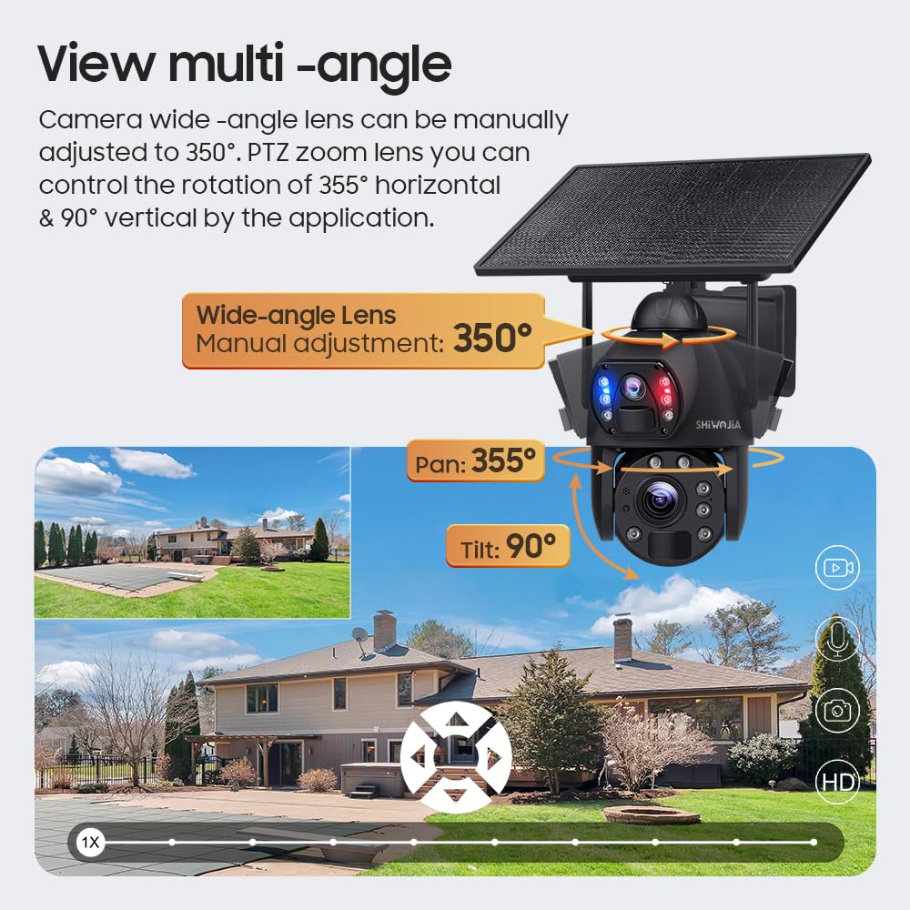 SHIWOJIA 36X Telecamera WiFi Esterno Solar, 6MP 360° PTZ Telecamera di Sorveglianza con Doppia Lente, 100m Visione Notturna a Colori, PIR Smart Detection, Audio Bidirezionale