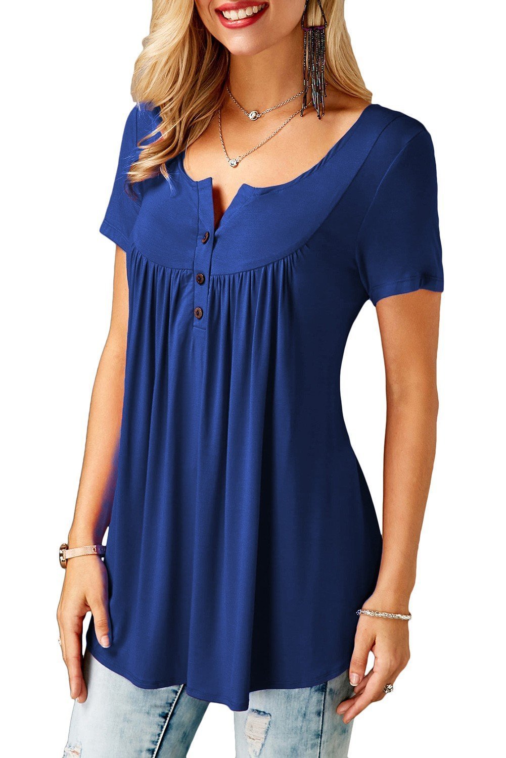 Bequemer Laden Donna Estate Camicia Manica Corta T Shirt Casual Scollo V Maglietta Bottone Giù Top Blusa Stampa/Puro Colore