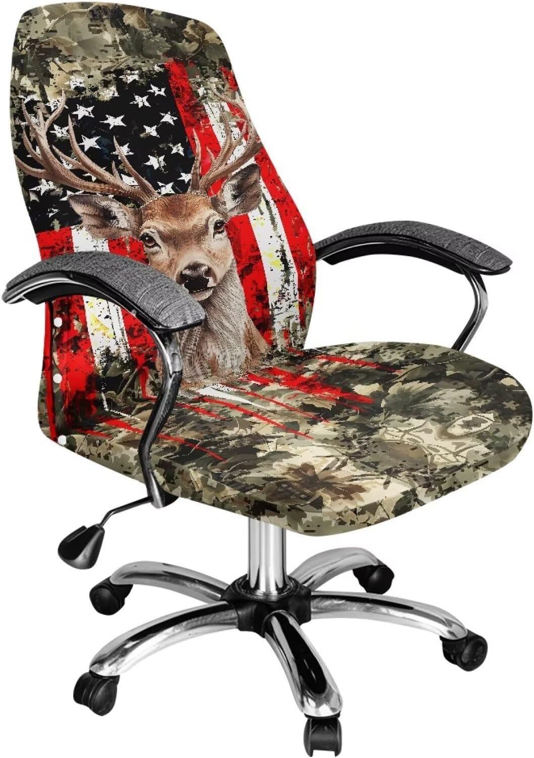 Talayituse Deer Camo American Flag Print Home Office Chair Covers Stretchable Computer Desk Chair Cover High Back Universal Executive Boss Chair Covers Removable Gaming Chair Covers, Small