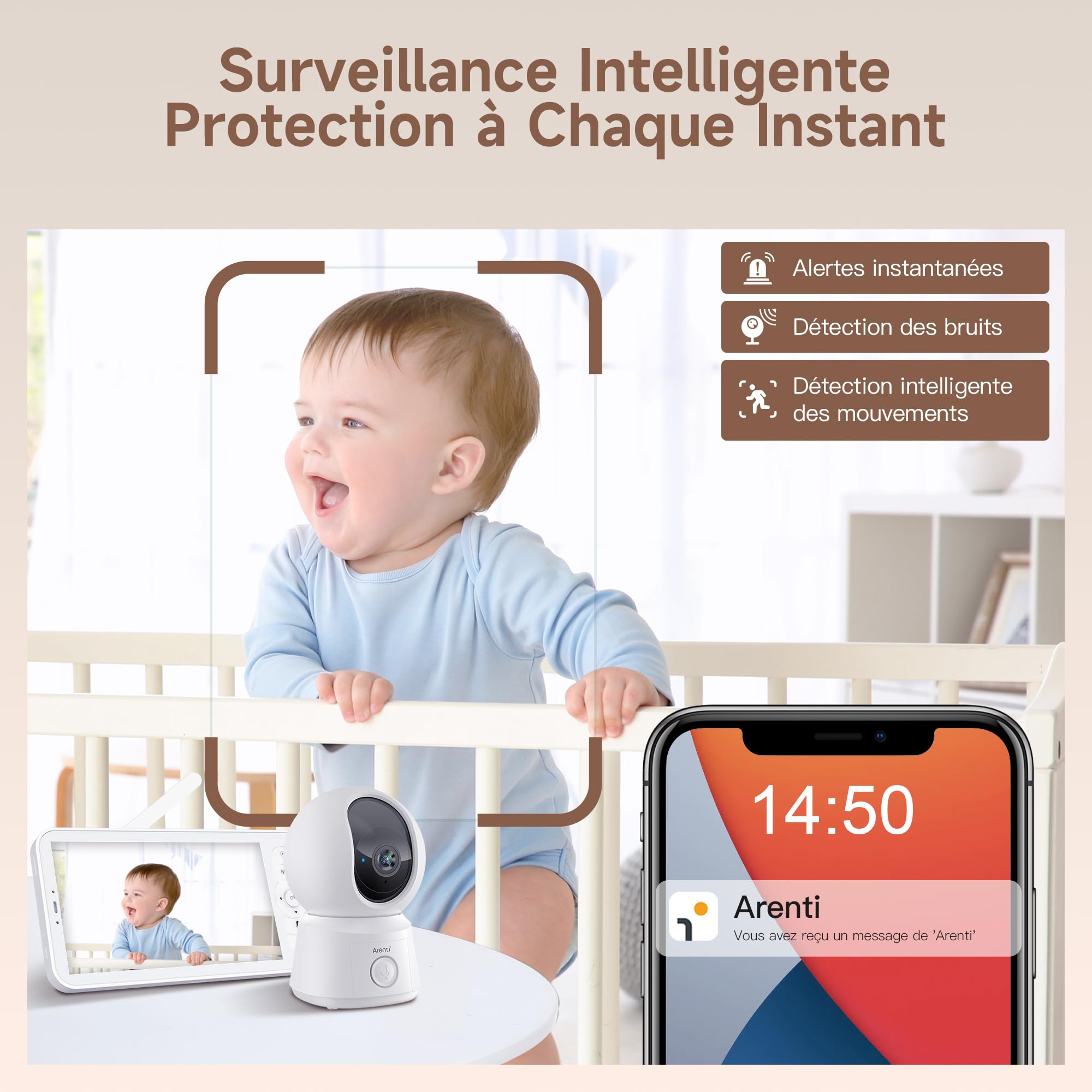 ARENTI Babyphone Camera Bébé, Baby Phone Vidéo Connecté Smartphone, Baby Moniteur Vidéo avec VOX, Détection de Température, Alertes Intelligentes/Vision Nocturne/Suivi Automatique