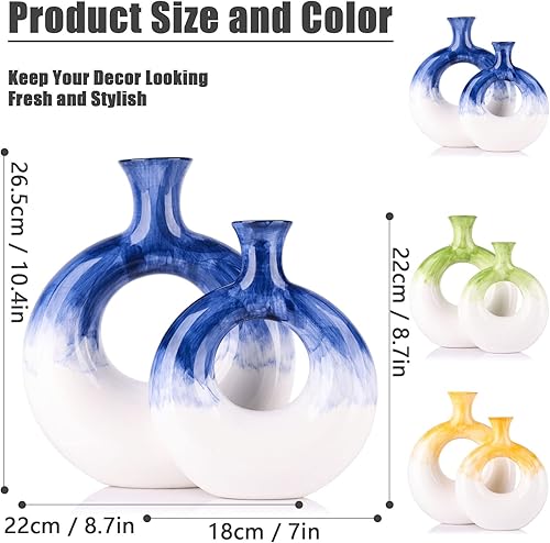 Miniatura 2 de Juego de 2 jarrones de cerámica huecos para decoración moderna del hogar, jarrones bohemios blancos y amarillos, jarrones de dona nórdicos