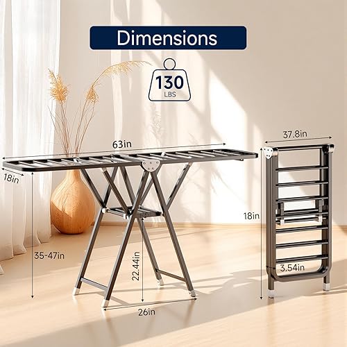 Miniatura 2 de MIKEE Estante de secado de ropa, de acero inoxidable, plegable, para uso en interiores y exteriores, con alas de altura ajustable, 2 niveles con