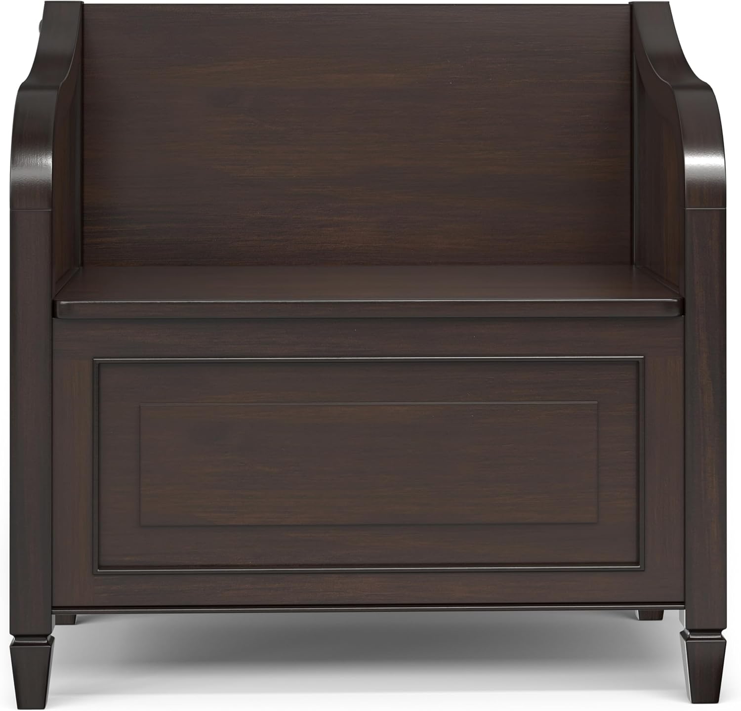 SIMPLIHOME Connaught Entryway Storage Bench - 30 inch Wide Solid Wood Small Storage Seat in Chestnut Brown, Traditional Bench for Entryway or Living Room with Lift-Up Lid and Decorative Trim