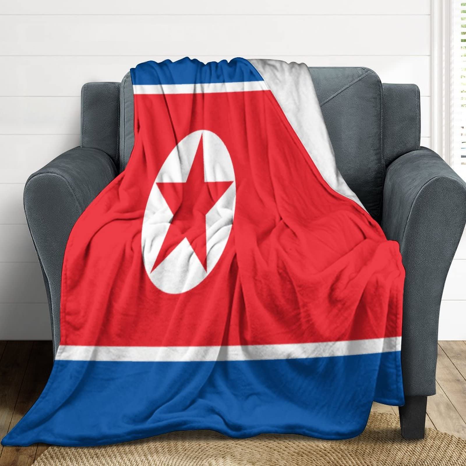 Couverture drapeau Corée du Nord en flanelle douce 101x127 cm pour canapé