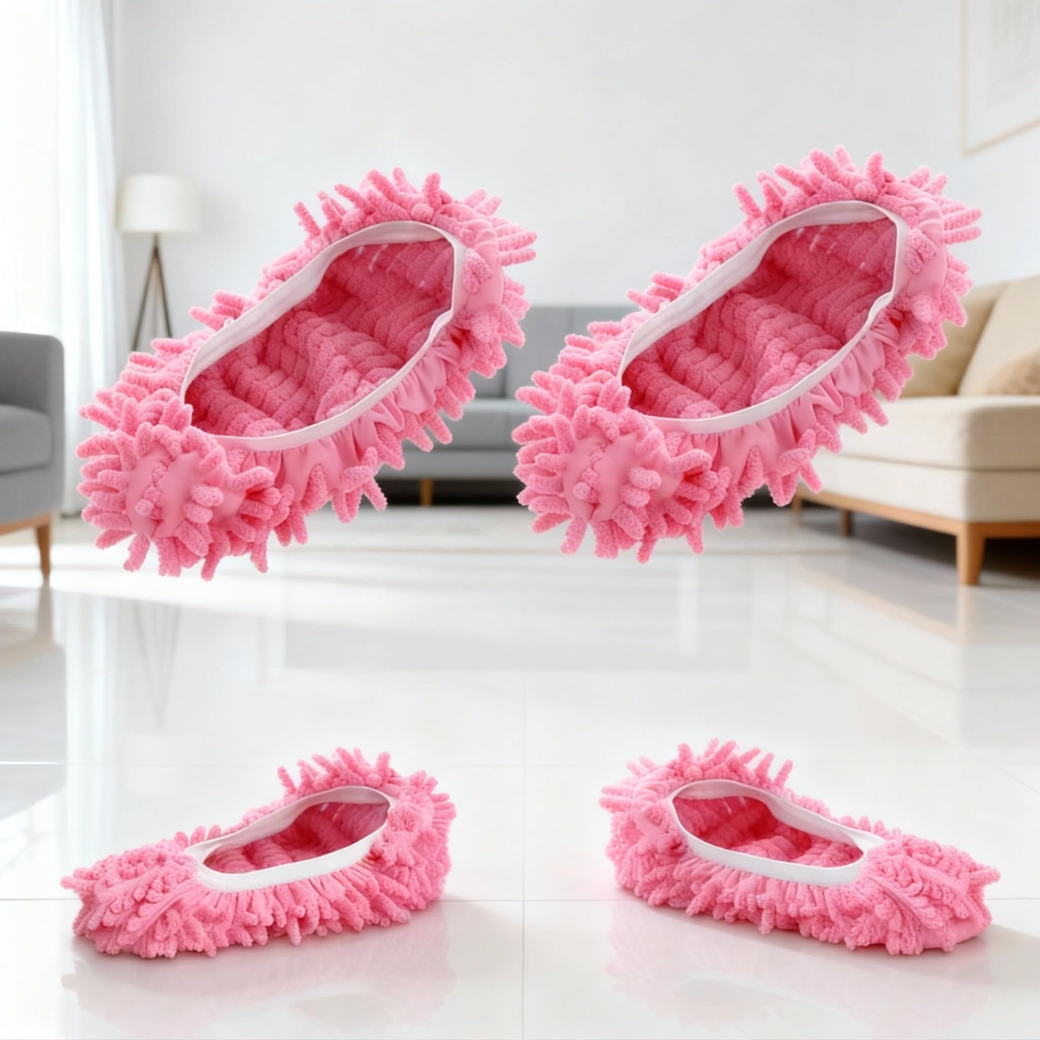 Reusable Microfiber Mop Slippers for Floor Cleaning, Dust & Pet Hair Removal Slipper Covers, Washable Chenille Cleaning Shoes for Hardwood, Tile & Laminate Floors, Pink