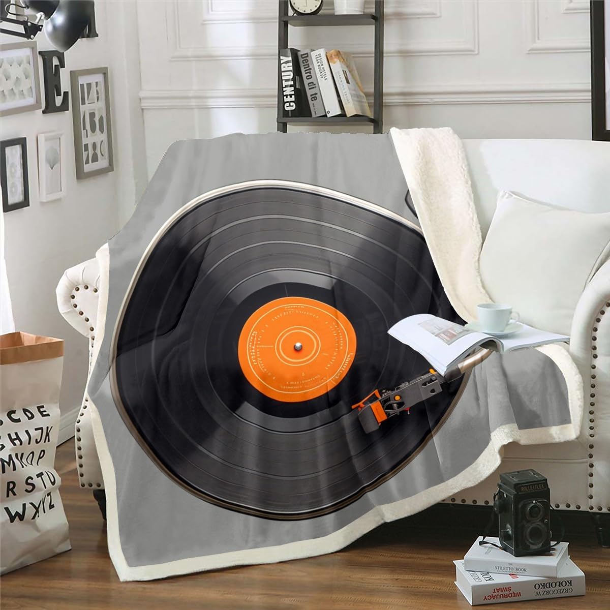 Vinyl Record Fleece Throw Blanket CD Card Sherpa Blanket for Kids Disc Music Plush Blanket Grey Black Fuzzy Blanket Bedroom Decor Twin 60"x80"