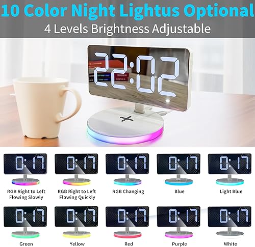 Miniatura 3 de Reloj despertador digital con carga inalámbrica, espejo de escritorio, pantalla grande con luz RGB, alarma dual, repetición, cargador USB, atenuador
