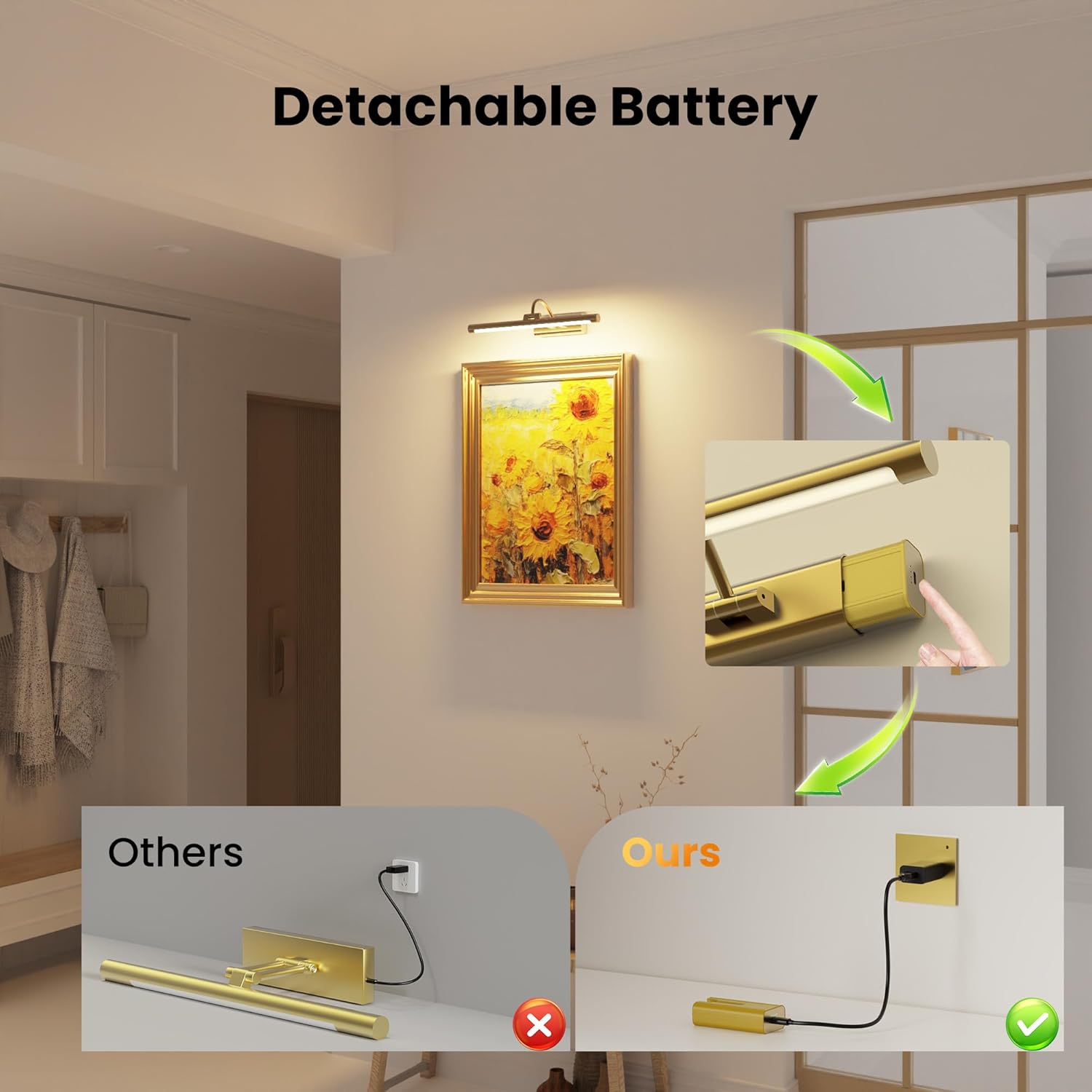 16" Gallery Picture Light with 1pcs Extra 6000mAh Battery- Brass Cordless Rechargeable Wall Sconce with Remote for Library, Study Room, Art & Renter Use