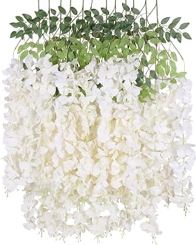 12Pack Wisteria Hanging Artificial Flowers 3.6ft Wisteria Silk Flowers Garland Fake Bushy Vine Faux Ratta String for Wedding Arch Party Garden Greenery Home Wall Backdrop Decor Milk White