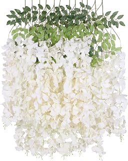 12Pack Wisteria Hanging Artificial Flowers 3.6ft Wisteria Silk Flowers Garland Fake Bushy Vine Faux Ratta String for Wedding Arch Party Garden Greenery Home Wall Backdrop Decor (Milk White)