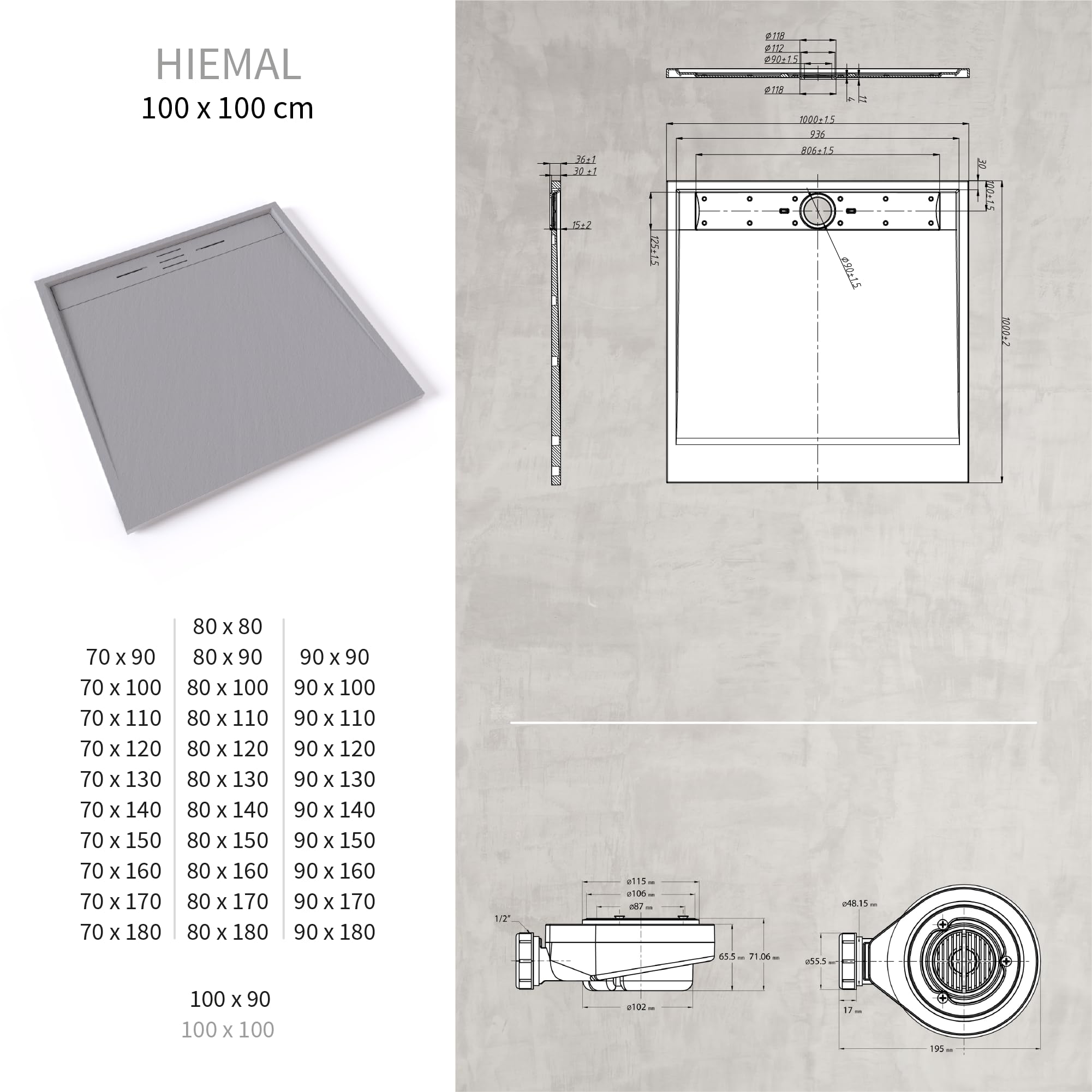 Plato de ducha SMC Hiemal 100x100 cm |Moments of Glass | Gris RAL 7030 – Antiderrapante, Textura Pizarra, Antibacteriano, Resistente a agentes químicos – Incluye válvula y rejilla
