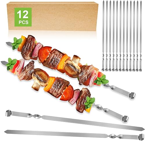 Brochetas de metal plano de 22 pulgadas, mango de madera, mango de madera de acero inoxidable, para barbacoa, juego de parrilla de carne, camarones,