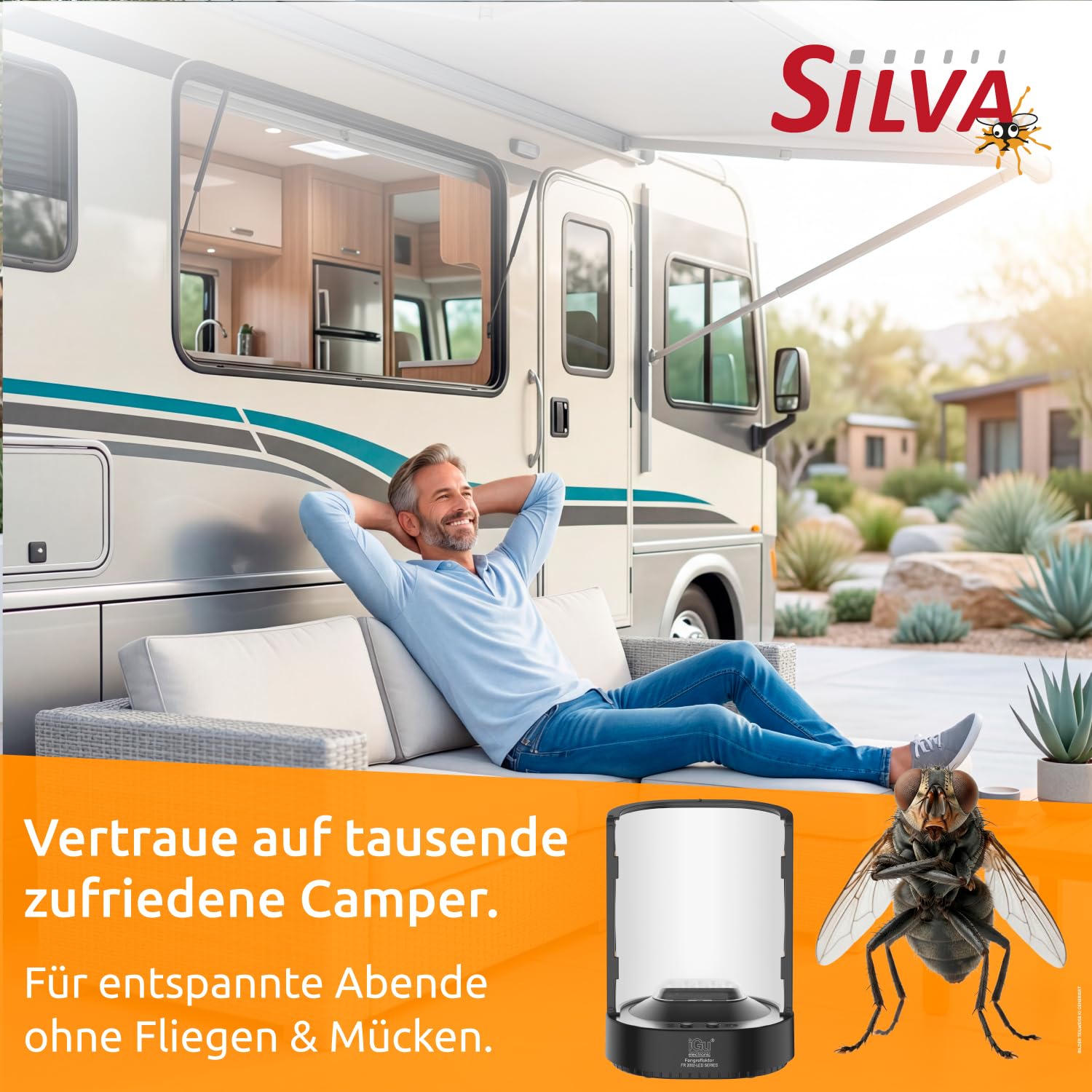 iGu 2002 LED Fliegenfalle mit Akku, USB-C und Leimtafel (2002 LED Gerat) | Für Fliegen, Fruchtfliegen und Motten – Fangreflektor, tragbar, geruchlos, für Wohnraum, Wohnmobil und Camping