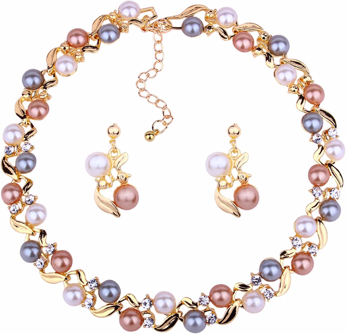 Glass Pearl Necklace and Earring Set,Collar De Perlas Para Mujer,Faux Pearl Jewelry Set for Women (Gold)
