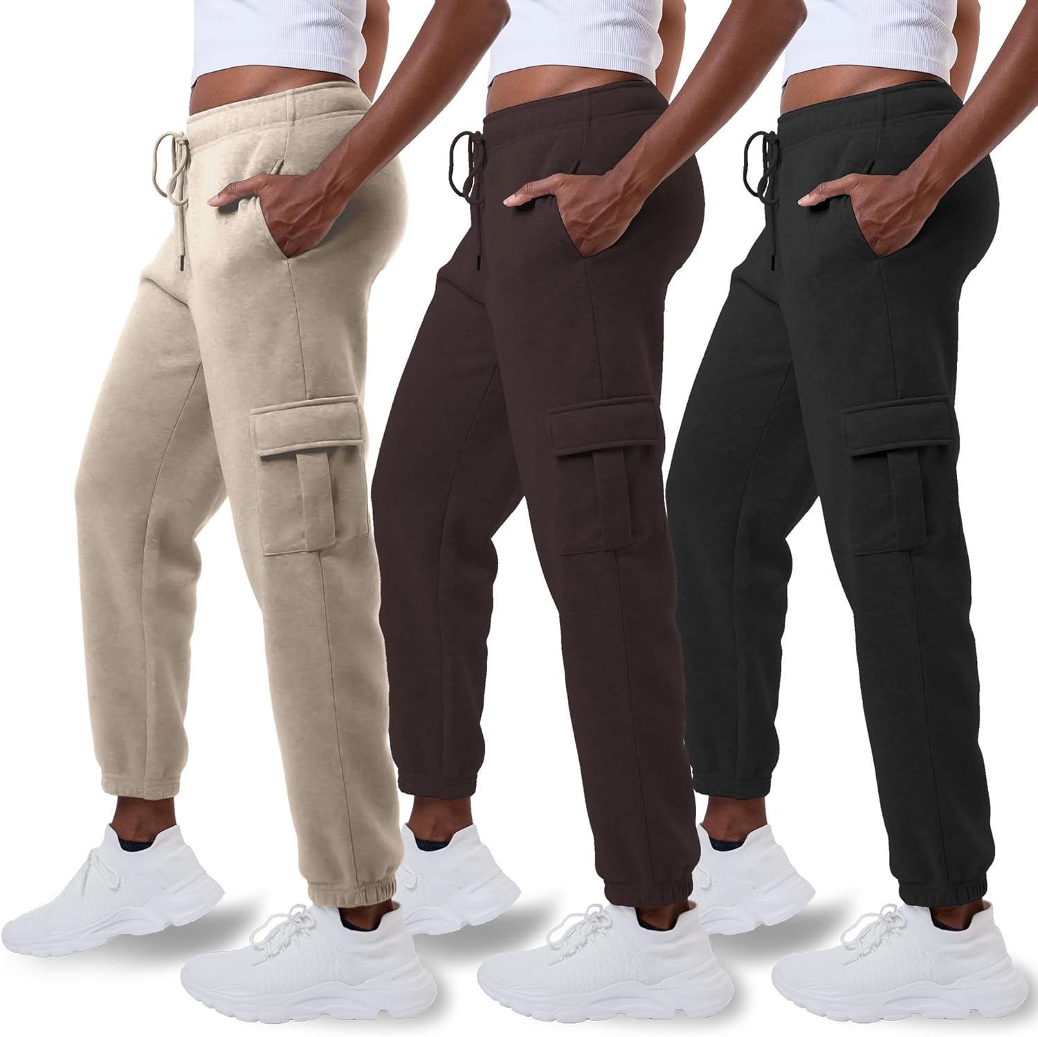 Common Stitch 3 Pack Sweatpants Women, Cargo Womens Sweatpants, Fleece Womens Joggers with Pockets (Available in Plus)