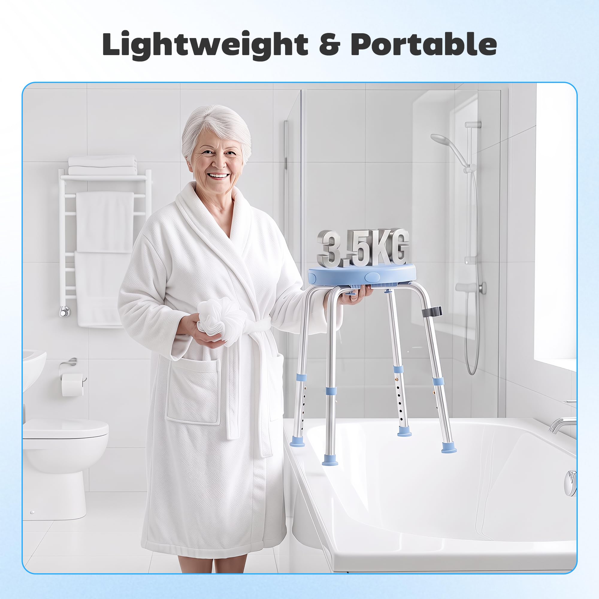 HOMCOM Silla Ducha Personas Mayores Giratorio 360° con Marco Aluminio | Taburete Ducha, Altura Regulable 5 Niveles, Antideslizante, Silla de Baño, Montaje Sin Herramientas, Carga 136 kg