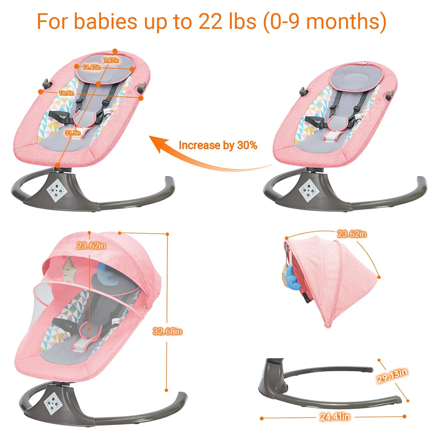 Electric Baby Swing for Infants to Toddler, Large-Size Portable Baby Bouncer Seat with Remote Control, Bluetooth Music, 5-Point Harness, Baby Swings for Babies up to 22 Ibs (0-9 Months) (Pink)