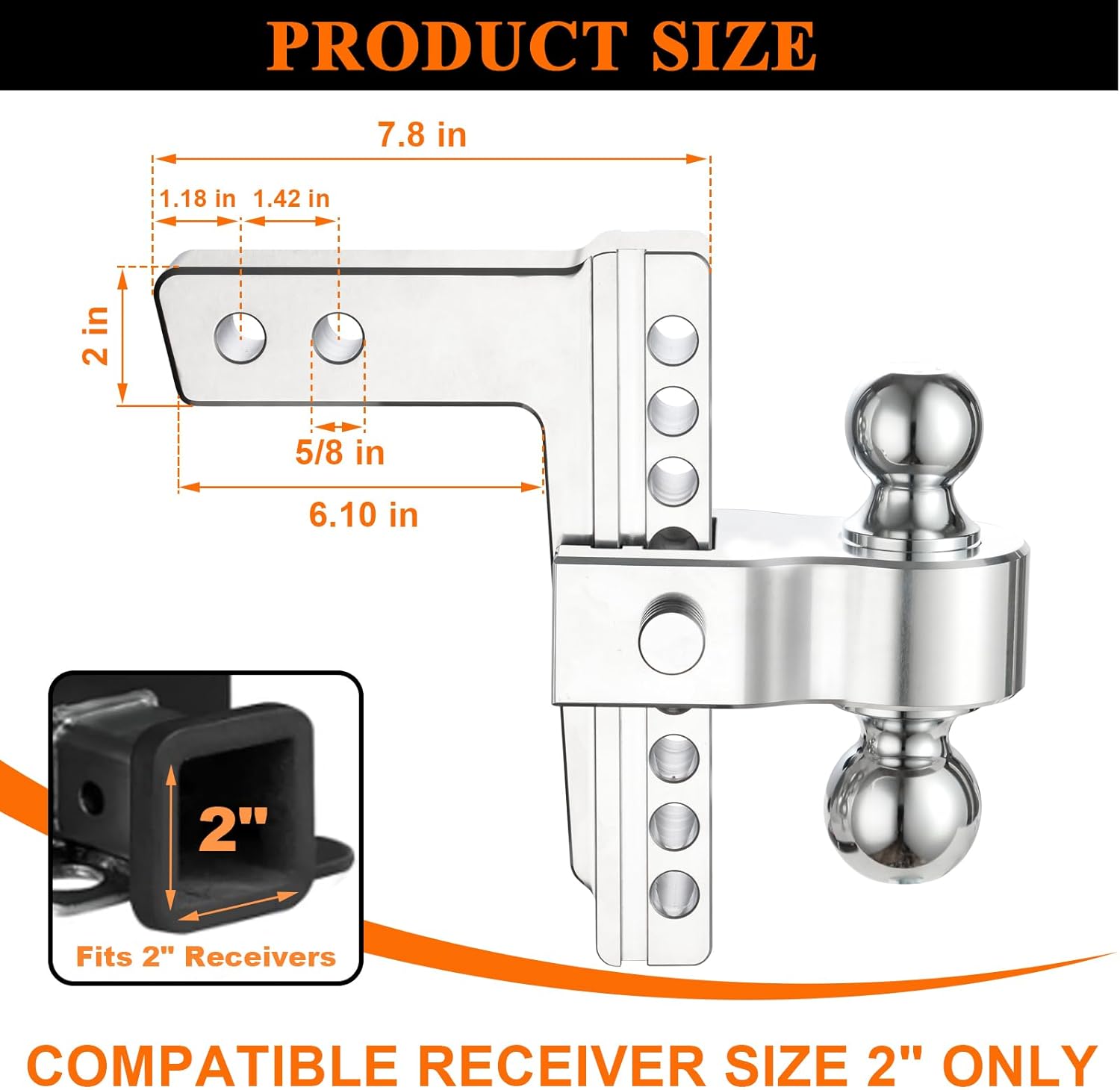Adjustable Trailer Hitch Ball Mount Aluminum Shank, 8-Inch Drop/Rise, Tow Hitch Fits 2-Inch Receiver
