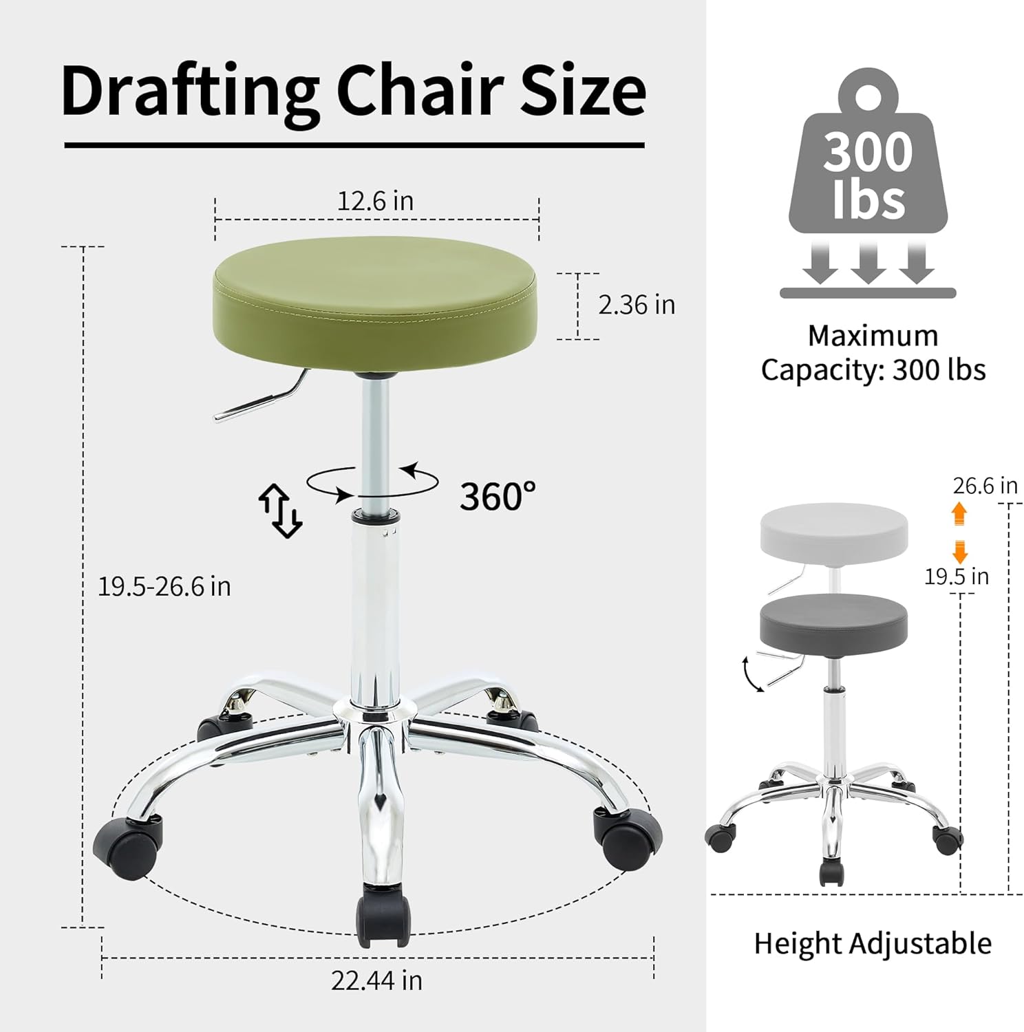 FIRAVOE Office Drafting Chair, Adjustable Drafting Stool on Wheels 19.5"-26.6", Green Salon Rolling Chair (Green)