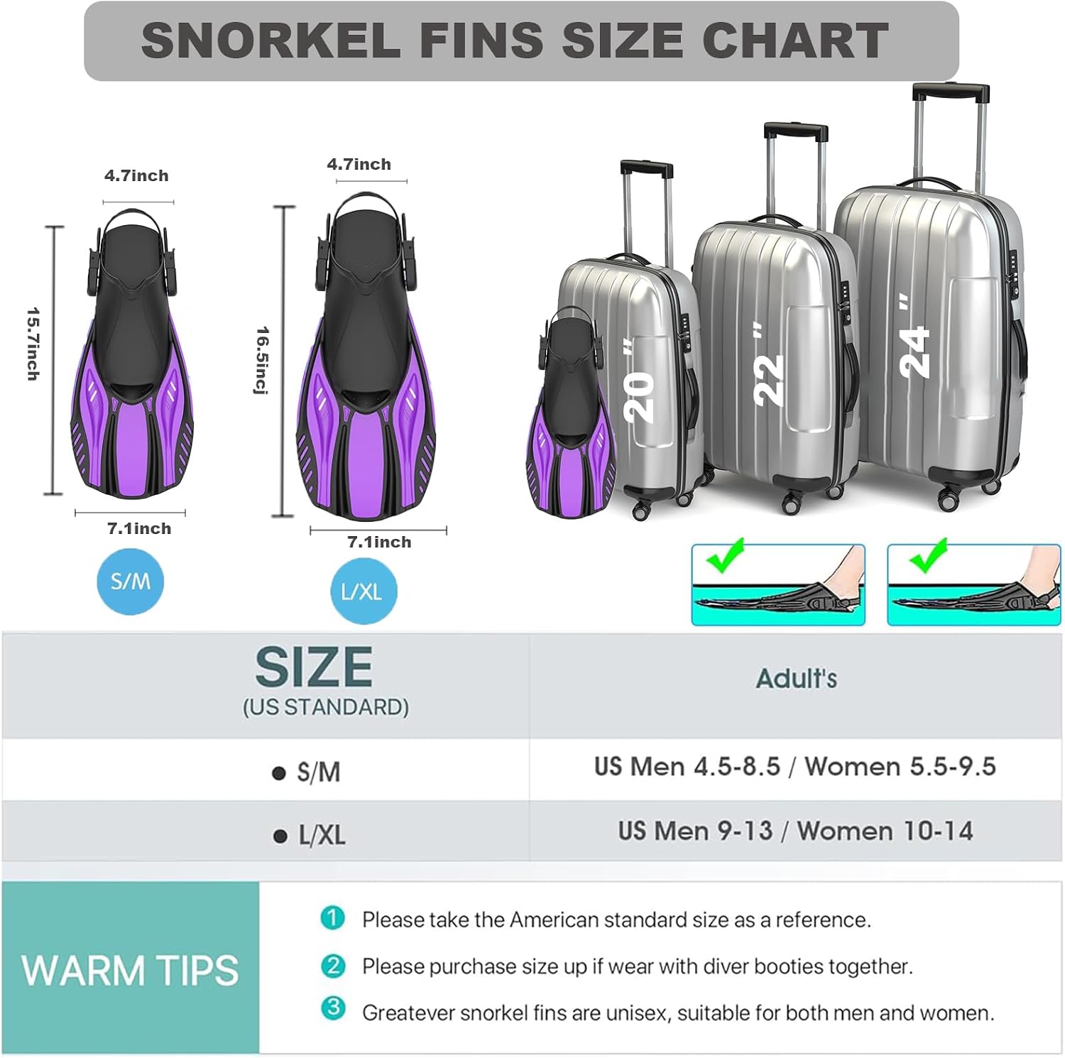 Snorkel Fins Diving Fins Adjustable Buckles Open Heel Swim Flippers Travel Size Short Swim Fins for Snorkeling Diving Swimming Adult Men Womens