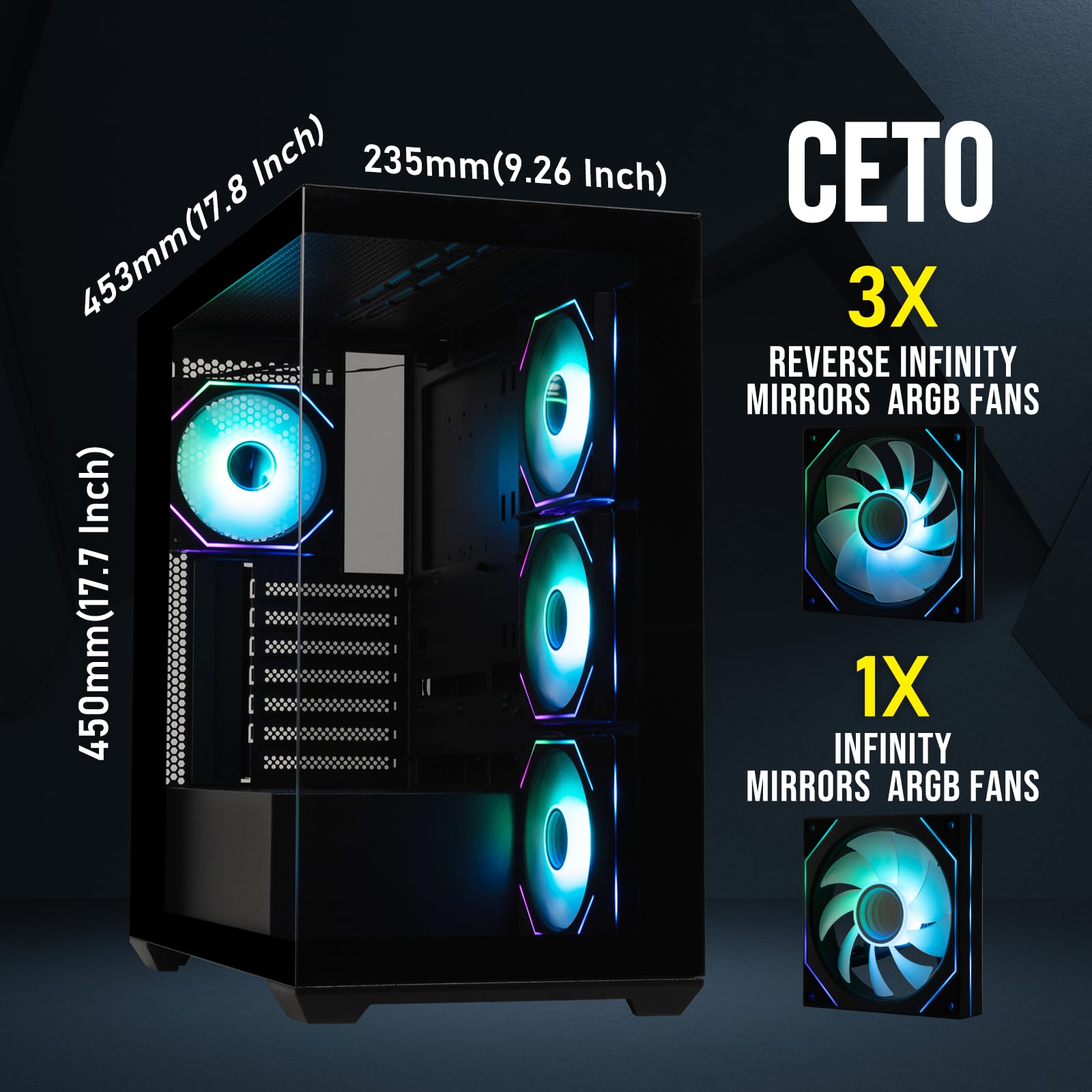BitFenix CETO - Custodia per PC da gaming ad alto flusso d'aria nero - vetro temperato panoramico - compatibile con scheda madre a collegamento inverso - 4xInfinity Mirroring ARGB Fans (3X inversa