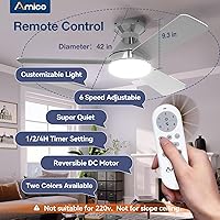 Vista 2 de Amico Ventiladores de techo con luces, perfil bajo, control remoto, montaje empotrado, reversible, 3CCT, regulable, silencioso, para dormitorio, uso