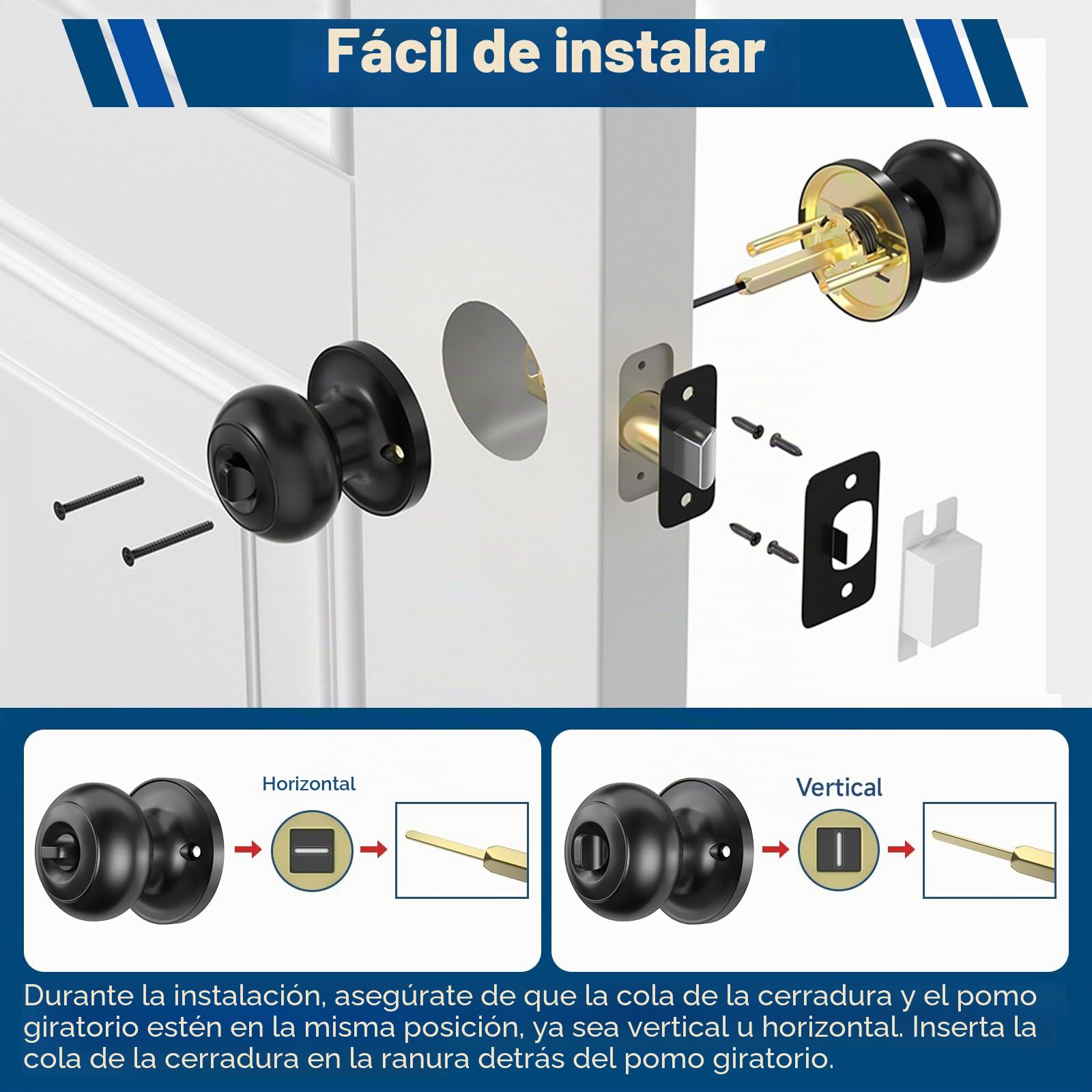 Estmoon Paquete de 5 pomos negros para puerta interior, para dormitorio, baño, privacidad, bola redonda