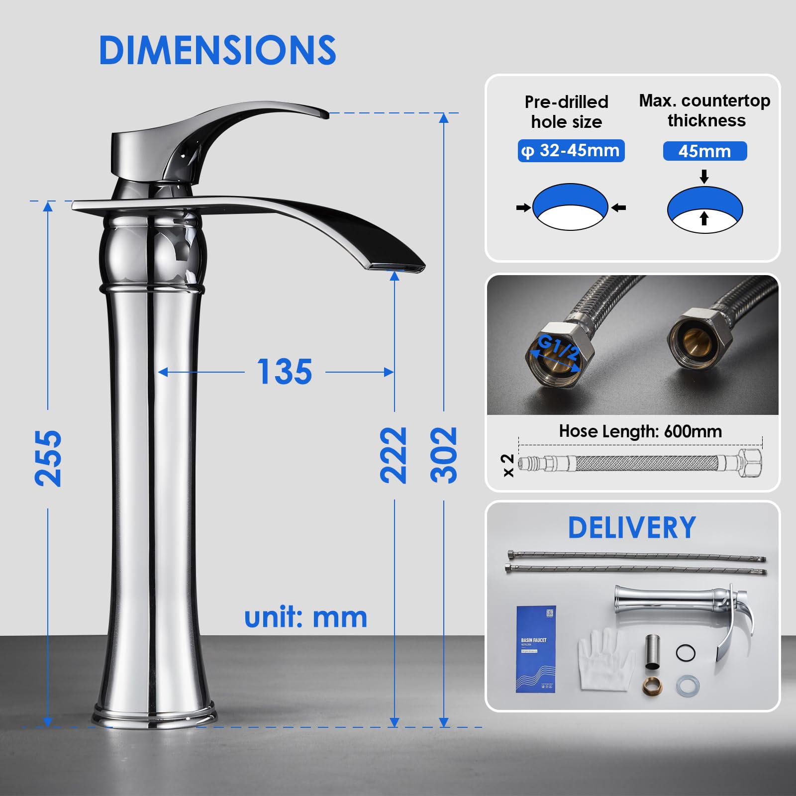 ROVOGO Chrome Waterfall Tall Basin Mixer Tap, Single Handle Bathroom Sink Mixer Tap, High Rise Bathroom Mixer Sink Faucet - Image 2