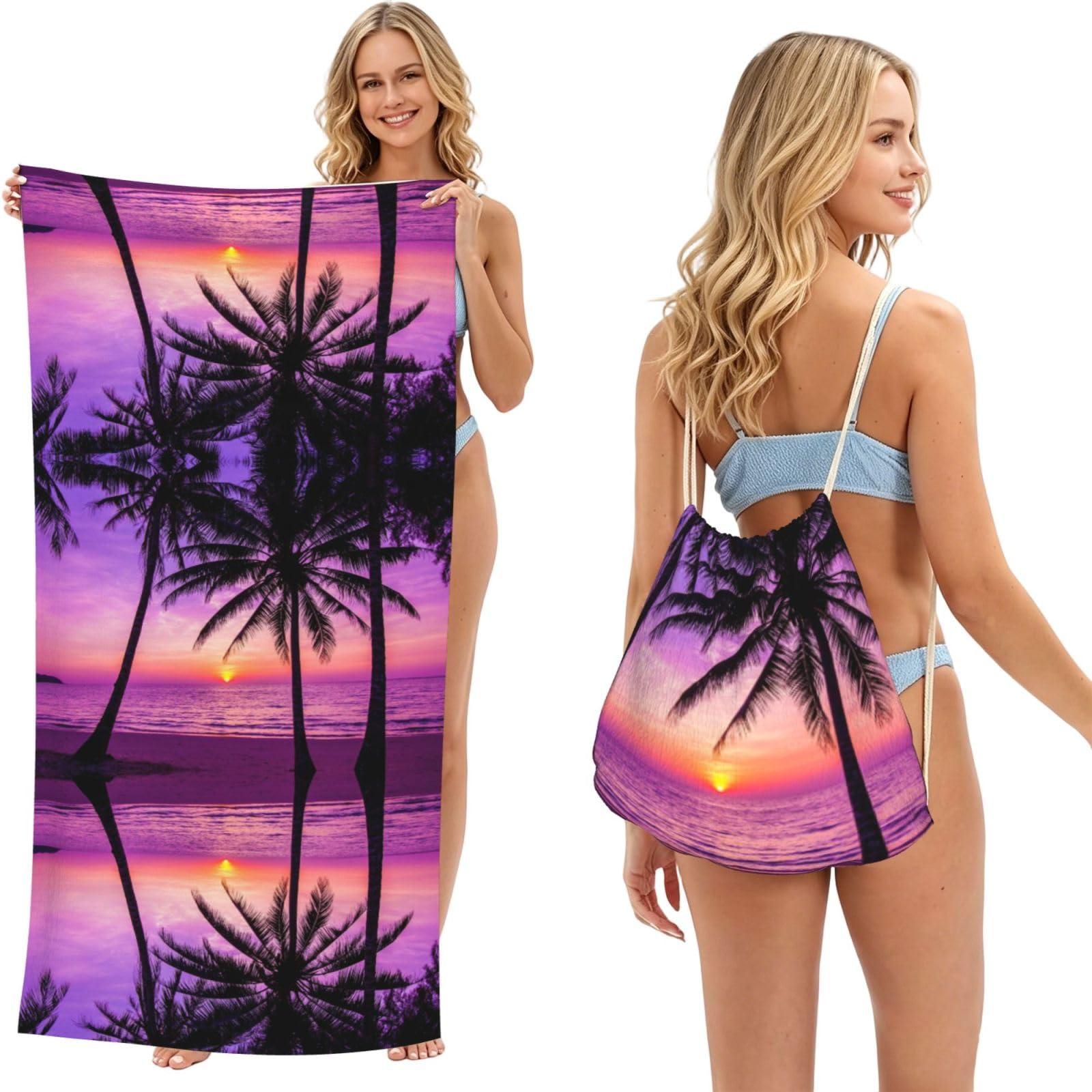 SATUSA Palm Trees At Sunset Print 2-In-1 Foldable Beach Towel Backpack â€“ Camping, Yoga And Travel,Bath Towel With Built-In Storage, Convertible Beach Mat & Carry Bag