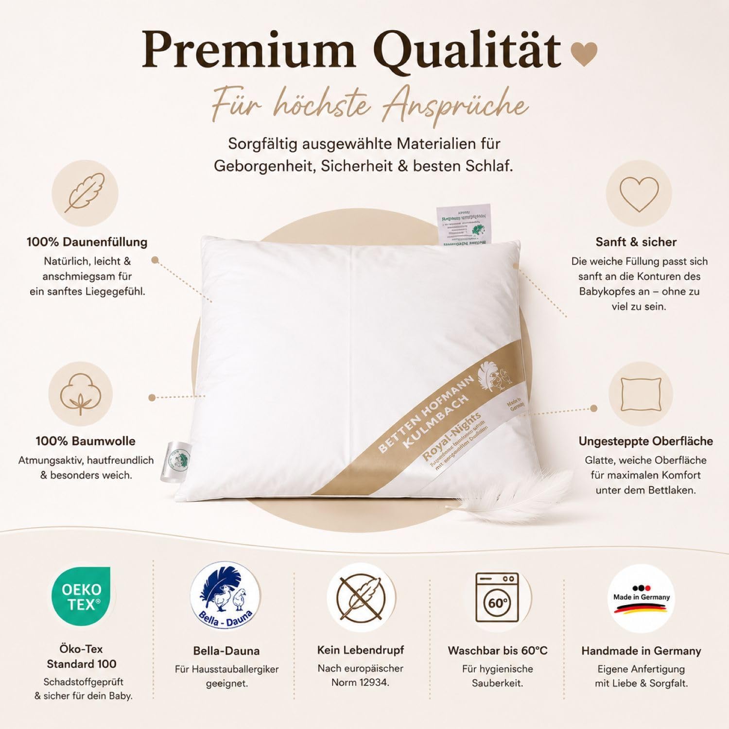 Betten Hofmann Baby Daunenkissen Kissen 35x40 cm medium 100% Daunen flauschig weich 60g, 100% Natur, waschbar, kuschelig, flauschig weich, Naturprodukt
