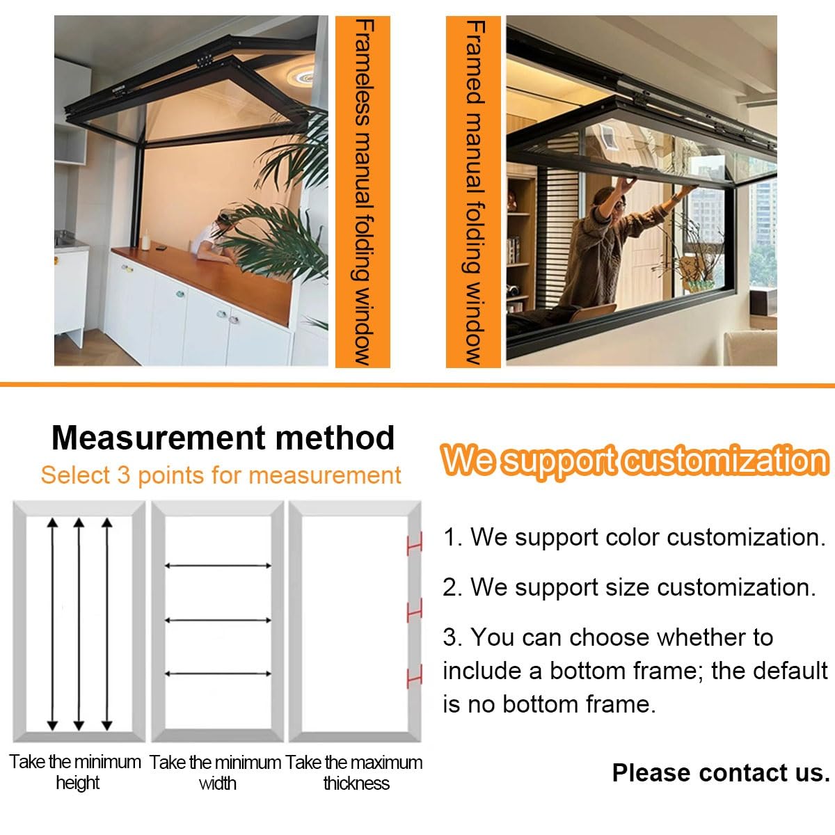 Fenêtre pliante pour food trucks, fenêtre coulissante verticale à double guillotine avec cadre en aluminium, pour stand de vente ambulante, cuisine professionnelle(Black,WxH 24x28in/60.9x71.1cm)
