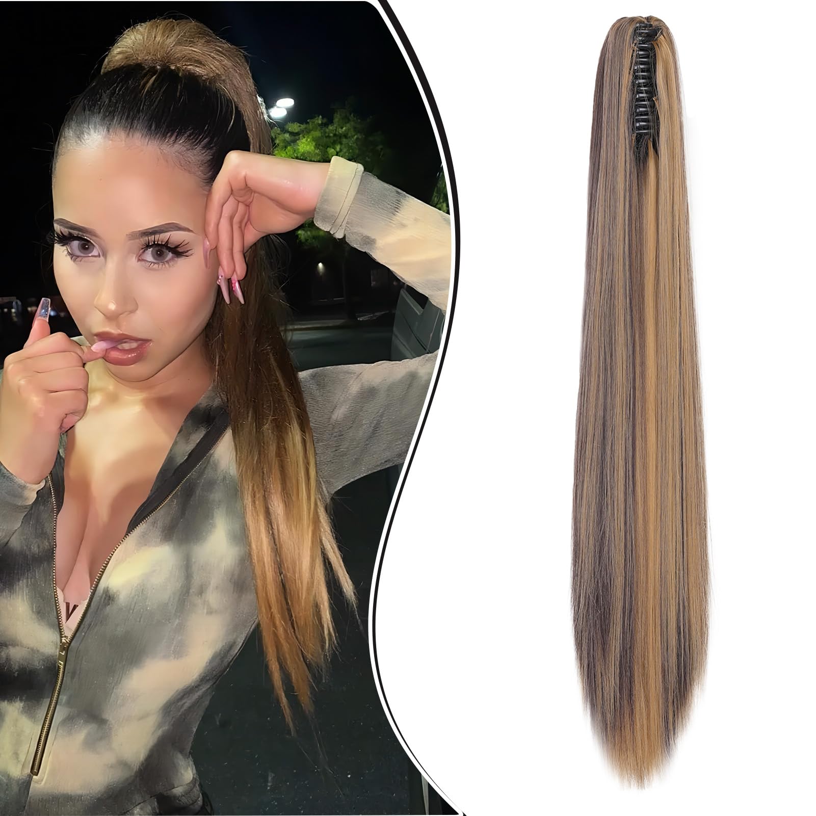 Dcbaboo 22inch Claw Clip in Ponytail Hair Extensions Long Straight Ponytail Extension Synthetic Pony tails Natural Wave One Piece Hairpiece Fake Ponytail for Women Dark Blonde & Medium Brown