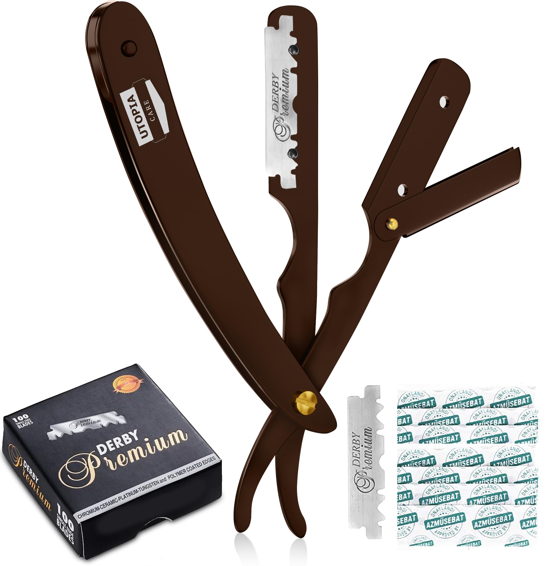 Utopia Care Professional Straight Razor for Men, Barber Straight Edge Razor Safety with 100 Pack Blades, Brown
