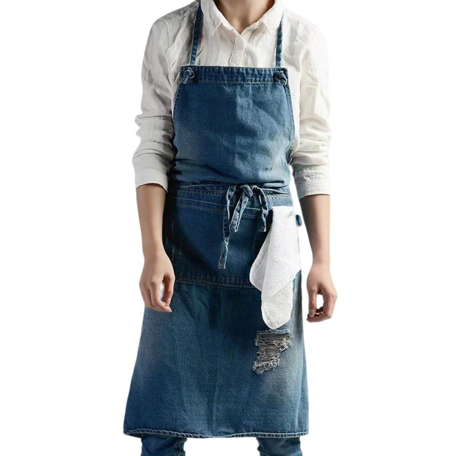 Grembiule Lungo In Denim per Uomo E Donna Grembiule Da Lavoro Alla Moda In Cotone Effetto Strappato Ideale Per Cucina, Hobbistica e Cottura Al Forno